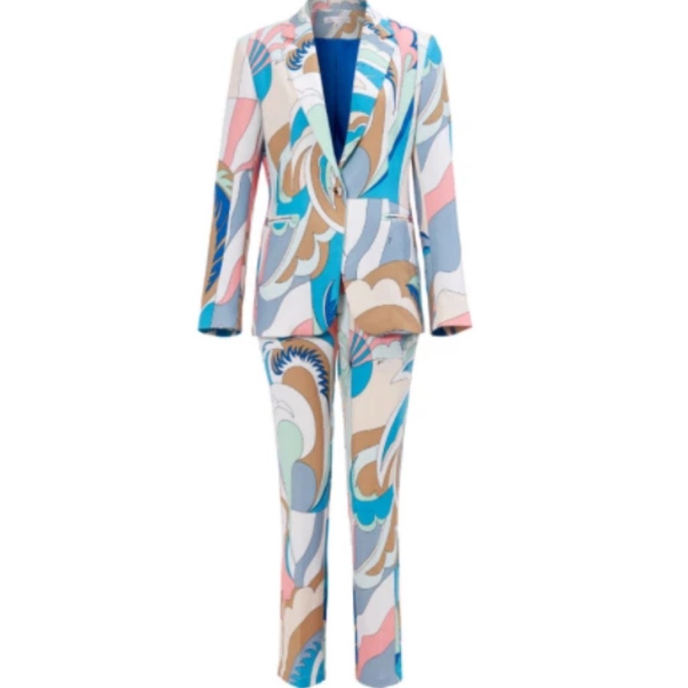 Women Ol Lapel One Button Blazer Straight Pants 2pcs Suit Set Cotton Printed Set